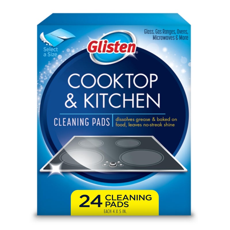 Glisten Cooktop and Kitchen Cleaning Pads for Glass, Gas Ranges, Ovens, Microwaves, and More, Dissolves Grease and Baked on Foods, Lemon Scent, 24 Large Pads or 48 Small Pads - Image 1